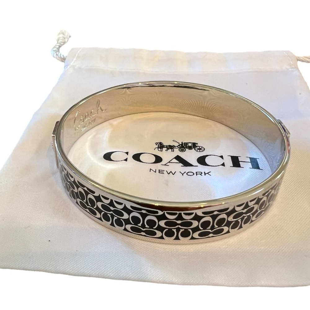 New Coach Black and Silver Signature C Enamel Hinged Bangle Bracelet.